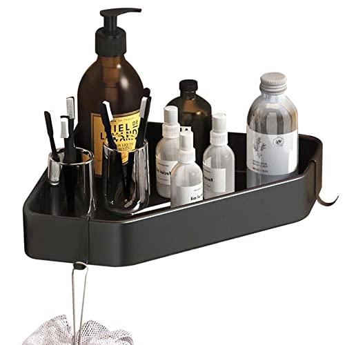 BTYKUYOO Badezimmerregal mit Haken Badezimmerregal ohne Bohren Schweberegale Eckklebewand Wandhalterung Platz Aluminium for Toilette Badezimmer-Weiß_1 Ebene(Noir,1 Story) von BTYKUYOO