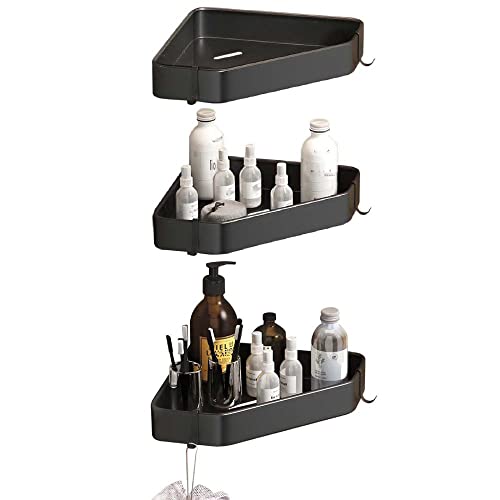 BTYKUYOO Badezimmerregal mit Haken Badezimmerregal ohne Bohren Schweberegale Eckklebewand Wandhalterung Platz Aluminium for Toilette Badezimmer-Weiß_1 Ebene(Noir,3 Layers) von BTYKUYOO