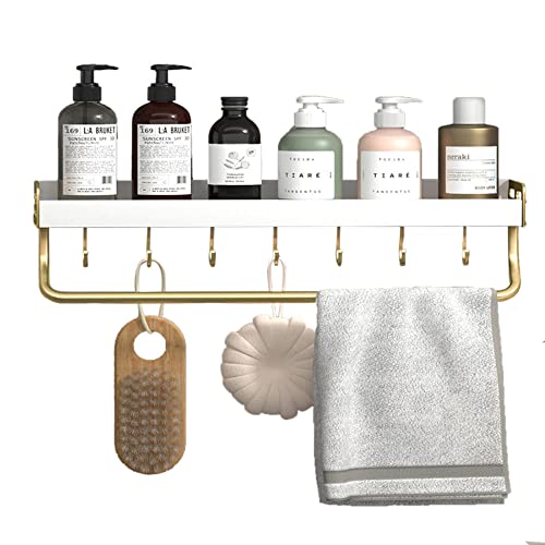 BTYKUYOO Badregal Ohne Bohren Badezimmerregal mit Haken Badezimmerregal Wandhalterung Klebefläche Aluminium Weiß for Küche und WC-A_60cm(B,40cm) von BTYKUYOO