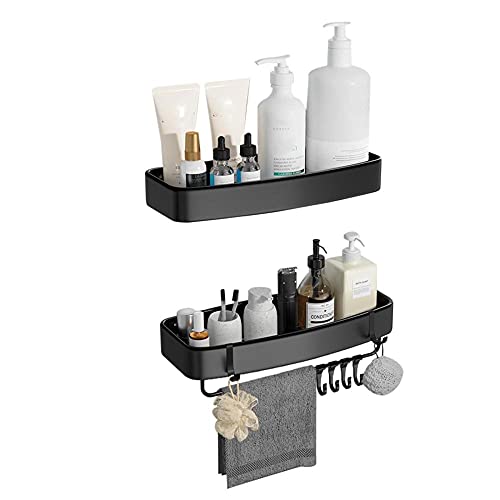 BTYKUYOO Duschregal zur Wandmontage, Duschwagen mit Haken, Duschkorb, ohne Bohren, selbstklebend, Aluminium, für Badezimmer, Küche, Schwarz B_1 Schicht B (Black B, Schicht 2 B) von BTYKUYOO