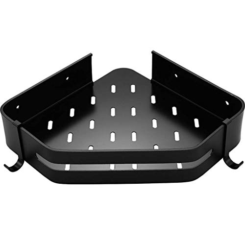 BTYKUYOO Schwarzes Eckregal for Badezimmer, Küchenutensilien, Abfluss, Lagerregal, Wandmontage, Duschregal, Aluminium mit Hakenregal, nagelfreier Kleber oder Stanzmontage von BTYKUYOO