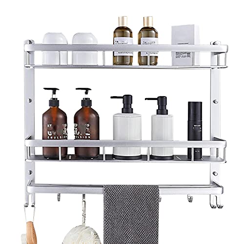 Badezimmerregal, Wandmontage, Duschregal, selbstklebend, mit Haken und Handtuchhalter, ohne Bohren, aus Aluminium, für Badezimmer, Küche, 1 Etage, 50 cm (einfarbig, 2 Etagen 40 cm) von BTYKUYOO