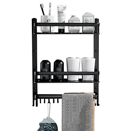 Badezimmerregal, Wandmontage, Duschregal, selbstklebend, mit Haken und Handtuchhalter, ohne Bohren, aus Aluminium, für Badezimmer, Küche, 1 Etage, 50 cm (schwarz, 2 Etagen 40 cm) von BTYKUYOO