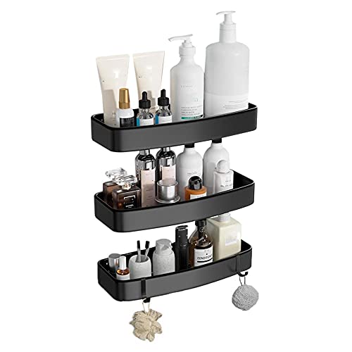 Duschregal, Wandmontage, Duschablage mit Haken, Duschkorb, ohne Bohren, selbstklebend, Aluminium, für Badezimmer, Küche, Schwarz, 1 Schicht B (Schwarz B, 3-lagig A) von BTYKUYOO