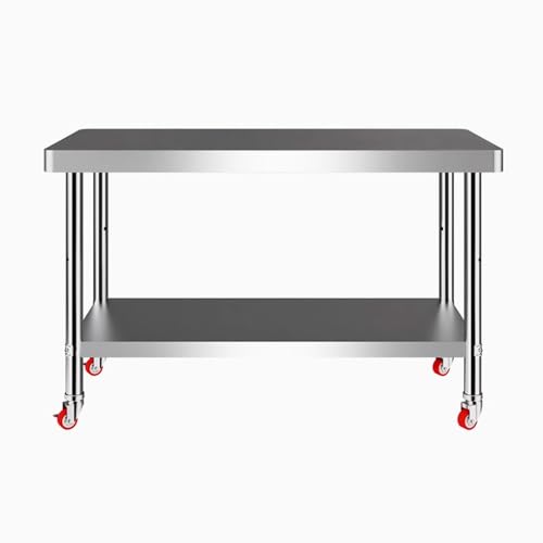 Hochbelastbarer gewerblicher Arbeitstisch, Kommerzieller Zubereitungstisch aus Edelstahl, 2-stufig, mit 4 Rädern, verstellbarem Regal, mehrere Größen(L80xW40cm/31.4x15.7in) von BTYQKZVPM