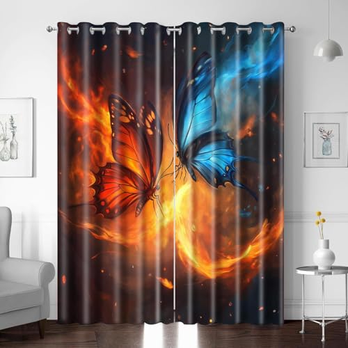 BTYWH Gardinen Blickdichter, Thermovorhang Flamme Tier Schmetterling 170 x 200 cm Ösenvorhang 2er Set 3D Druck Vorhang Verdunkelung mit Ösen für Schlafzimmer Wohnzimmer Kinderzimmer von BTYWH