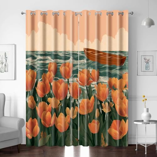 Gardinen Blickdichter, Thermovorhang Blumen Meer Holzboot Druck 170 x 200 cm Ösenvorhang 2er Set 3D Druck Vorhang Verdunkelung mit Ösen für Schlafzimmer Wohnzimmer Kinderzimmer von BTYWH