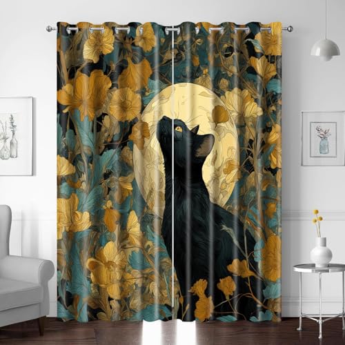 Gardinen Vorhänge mit Ösen, Abstrakt Katze Blumen Blumen Retro Verdunklungsvorhänge Wohnzimmer Modern 2er Set, Thermovorhang Schlafzimmer Transparent, Kinderzimmer Küchengardinen 260X200cm (BxH) von BTYWH