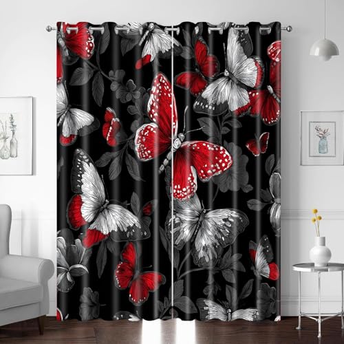 Gardinen Vorhänge mit Ösen, Rot Schmetterling Blumen Muster Verdunklungsvorhänge Wohnzimmer Modern 2er Set, Thermovorhang Schlafzimmer Transparent, Kinderzimmer Küchengardinen 170X200cm (BxH) von BTYWH