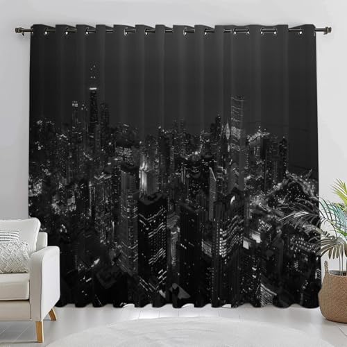 Grau Verdunkelungsvorhänge mit Ösen thermovorhang Schlafzimmer, 2er Set Stadt Architektur 200 x 180 cm (B x H) wärme und kälteisolierende und schalldämmende Vorhang Blickdicht für Wohnzimmer Büro von BTYWH
