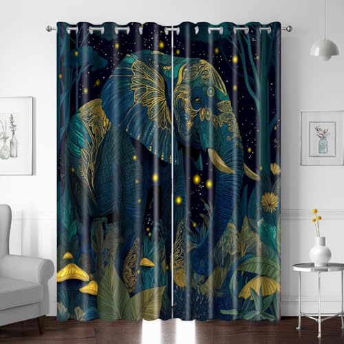 Verdunkelungsvorhänge mit Ösen thermovorhang Schlafzimmer, Elefant Wald Blume 2er Set 264 X 241 cm (BxH) kälteisolierende und schalldämmende Vorhang Blickdicht für Wohnzimmer Büro von BTYWH