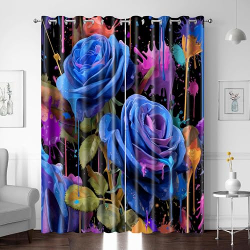 Verdunkelungsvorhang kinderzimmer, Blaue Blumen 3D Druckmuster vorhänge mit ösen Schlafzimmer 2er Set 280 x 264 cm Blickdicht Vorhang für Kinder Jungen Mädchen Wohnzimmer von BTYWH