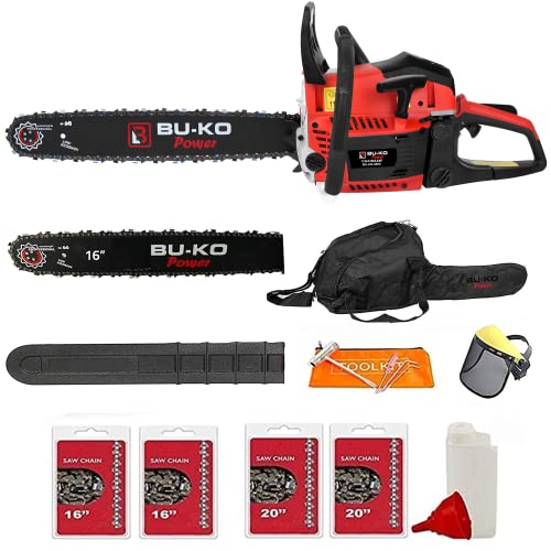 BU-KO 65cc Benzin Kettensäge 3.89 HP 20 "Bar & 2 x Ketten + 16" Bar & 2x Ketten COVER BAG & FULL SAFETY GEAR von BU-KO