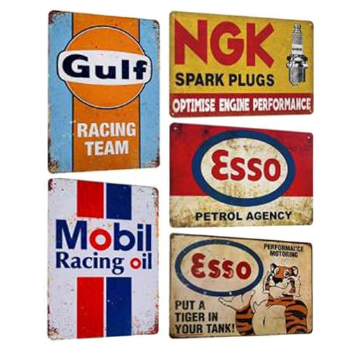 5ER SET Retro Blechschilder Metallschilder Auto-schilder für Garage Werkstatt Tankstelle Wand Dekoration Werbeschild Geschenk 20x30cm (SET A) von BUABUAMAR