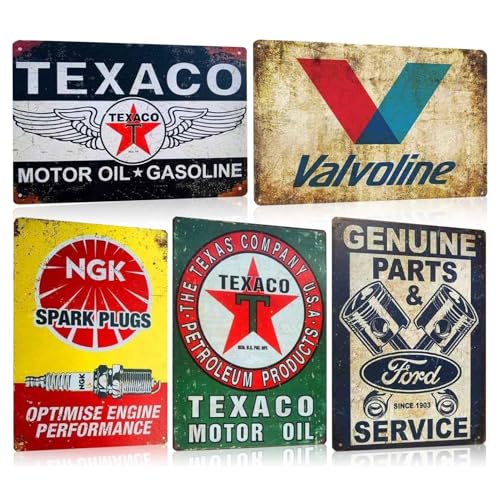 5ER SET Retro Blechschilder Metallschilder Auto-schilder für Garage Werkstatt Tankstelle Wand Dekoration Werbeschild Geschenk 20x30cm (SET B) von BUABUAMAR