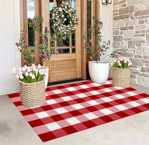 Buffalo Plaid Outdoor-Teppich, 90 x 150 cm, Rot / Weiß, Weihnachtsvorleger, handgewebt, maschinenwaschbar, für Innen- und Außenbereich, geschichtete Fußmatten für Eingang/Schlafzimmer/Außenbereich von BUAGETUP