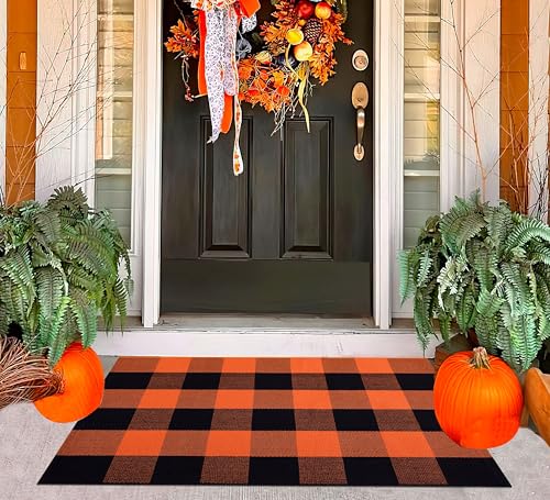 Fußmatte in Orange und Schwarz, mehrlagig, 61 x 89 cm, Büffelkariert, Veranda, Baumwolle, gewebt, waschbar, Teppich für mehrlagige Fußmatte, für Küche, Bauernhaus, Eingangsbereich Fußmatte in Orange und Schwarz, mehrlagig, 61 x 89 cm, Büffelkariert, Veranda, Baumwolle, gewebt, waschbar, Teppich für mehrlagige Fußmatte, für Küche, Bauernhaus, Eingangsbereich von BUAGETUP