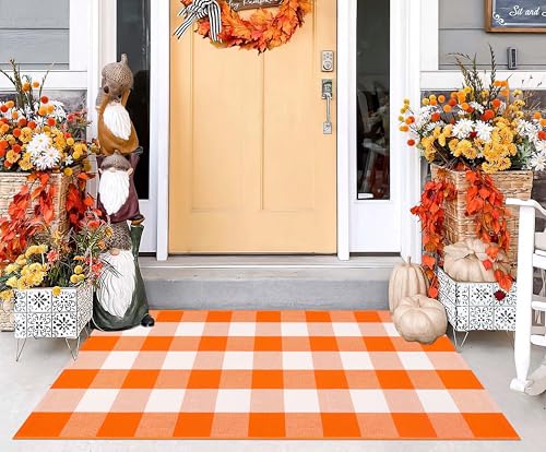 Gestufte Fußmatte in Orange und Weiß, 70 x 100 cm, Büffelkariert, für den Außenbereich, gewebt, waschbar, Bauernhaus-Fußmatten, für den Außenbereich, für den Eingangsbereich, Schlafzimmer, Terrasse Gestufte Fußmatte in Orange und Weiß, 70 x 100 cm, Büffelkariert, für den Außenbereich, gewebt, waschbar, Bauernhaus-Fußmatten, für den Außenbereich, für den Eingangsbereich, Schlafzimmer, Terrasse von BUAGETUP