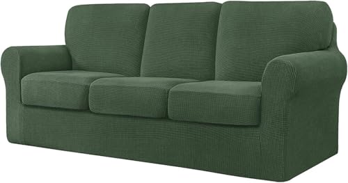 BUAOGDVG 7-teiliger Sofabezug, mit DREI separaten Rückenlehnen und DREI Kissen mit Gummiband, Jacquard-Spandex-Karostoff(ArmyGreen,3 posti) von BUAOGDVG