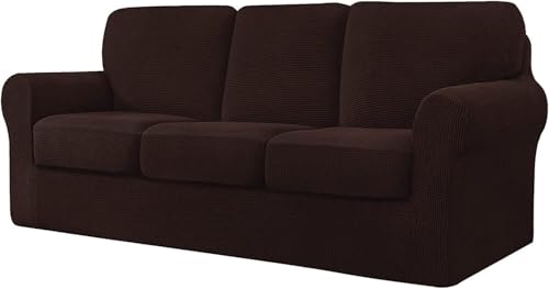 BUAOGDVG 7-teiliger Sofabezug, mit DREI separaten Rückenlehnen und DREI Kissen mit Gummiband, Jacquard-Spandex-Karostoff(Cioccolato,3 posti) von BUAOGDVG