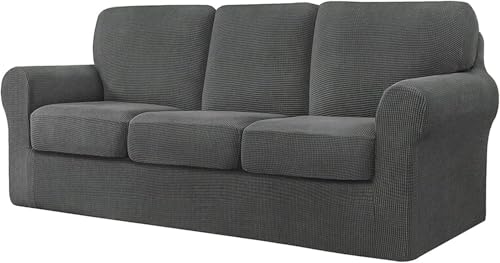 BUAOGDVG 7-teiliger Sofabezug, mit DREI separaten Rückenlehnen und DREI Kissen mit Gummiband, Jacquard-Spandex-Karostoff(Grigio,3 posti) von BUAOGDVG