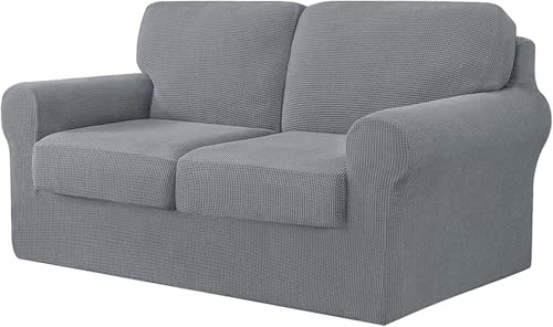 BUAOGDVG 7-teiliger Sofabezug, mit DREI separaten Rückenlehnen und DREI Kissen mit Gummiband, Jacquard-Spandex-Karostoff(Grigio Chiaro,2 posti) von BUAOGDVG