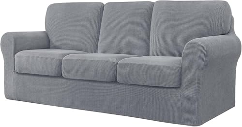 BUAOGDVG 7-teiliger Sofabezug, mit DREI separaten Rückenlehnen und DREI Kissen mit Gummiband, Jacquard-Spandex-Karostoff(Grigio Chiaro,3 posti) von BUAOGDVG
