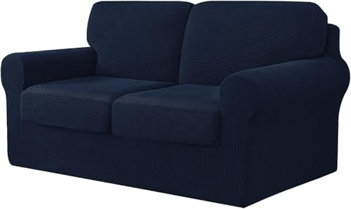 BUAOGDVG 7-teiliger Sofabezug, mit DREI separaten Rückenlehnen und DREI Kissen mit Gummiband, Jacquard-Spandex-Karostoff(Navy,2 posti) von BUAOGDVG