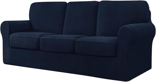BUAOGDVG 7-teiliger Sofabezug, mit DREI separaten Rückenlehnen und DREI Kissen mit Gummiband, Jacquard-Spandex-Karostoff(Navy,3 posti) von BUAOGDVG