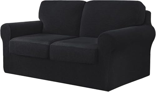 BUAOGDVG 7-teiliger Sofabezug, mit DREI separaten Rückenlehnen und DREI Kissen mit Gummiband, Jacquard-Spandex-Karostoff(Nero,2 posti) von BUAOGDVG