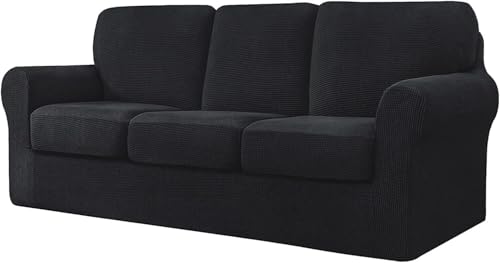 BUAOGDVG 7-teiliger Sofabezug, mit DREI separaten Rückenlehnen und DREI Kissen mit Gummiband, Jacquard-Spandex-Karostoff(Nero,3 posti) von BUAOGDVG