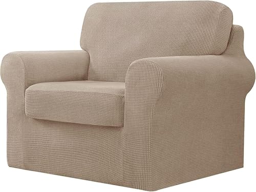 BUAOGDVG 7-teiliger Sofabezug, mit DREI separaten Rückenlehnen und DREI Kissen mit Gummiband, Jacquard-Spandex-Karostoff(Sand,1 posto) von BUAOGDVG
