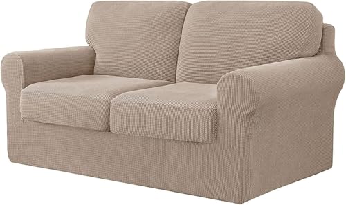 BUAOGDVG 7-teiliger Sofabezug, mit DREI separaten Rückenlehnen und DREI Kissen mit Gummiband, Jacquard-Spandex-Karostoff(Sand,2 posti) von BUAOGDVG