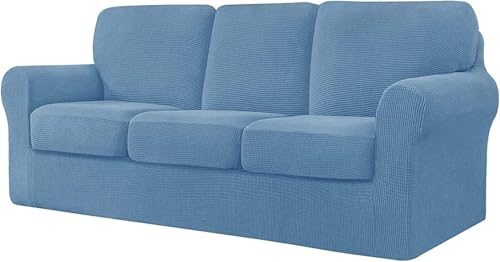 BUAOGDVG 7-teiliger Sofabezug, mit DREI separaten Rückenlehnen und DREI Kissen mit Gummiband, Jacquard-Spandex-Karostoff(Smoky Blue,3 posti) von BUAOGDVG