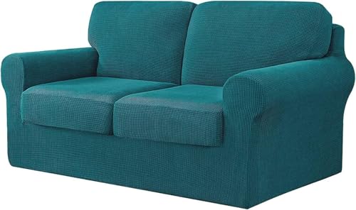 BUAOGDVG 7-teiliger Sofabezug, mit DREI separaten Rückenlehnen und DREI Kissen mit Gummiband, Jacquard-Spandex-Karostoff(Teal,2 posti) von BUAOGDVG
