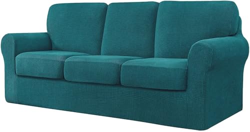 BUAOGDVG 7-teiliger Sofabezug, mit DREI separaten Rückenlehnen und DREI Kissen mit Gummiband, Jacquard-Spandex-Karostoff(Teal,3 posti) von BUAOGDVG