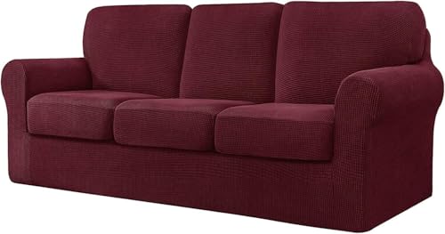 BUAOGDVG 7-teiliger Sofabezug, mit DREI separaten Rückenlehnen und DREI Kissen mit Gummiband, Jacquard-Spandex-Karostoff(Vino Rosso,3 posti) von BUAOGDVG