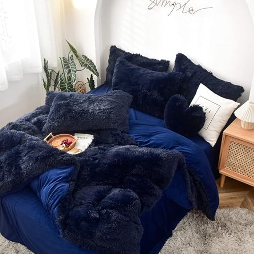BUAOGDVG Luxuriöser, zotteliger Plüsch-Bettbezug, 4-teilig, mit Reißverschluss (1 Bettbezug aus Kunstfell + 2 Kissenbezüge aus Kunstfell + 1 Bettlaken aus Samt)(Navy,150x200cm) von BUAOGDVG