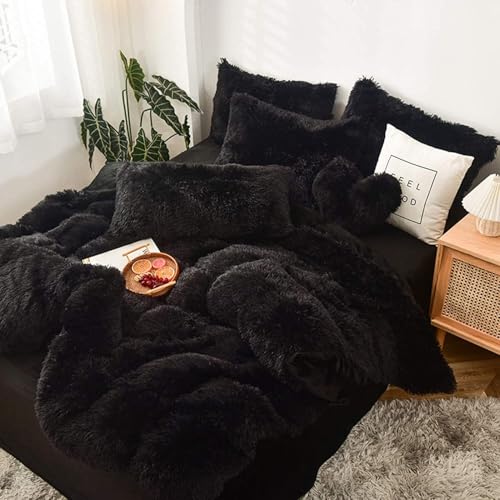 BUAOGDVG Luxuriöser, zotteliger Plüsch-Bettbezug, 4-teilig, mit Reißverschluss (1 Bettbezug aus Kunstfell + 2 Kissenbezüge aus Kunstfell + 1 Bettlaken aus Samt)(Nero,220x240cm) von BUAOGDVG