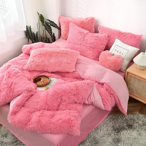 BUAOGDVG Luxuriöser, zotteliger Plüsch-Bettbezug, 4-teilig, mit Reißverschluss (1 Bettbezug aus Kunstfell + 2 Kissenbezüge aus Kunstfell + 1 Bettlaken aus Samt)(Rosa Scuro,200x230cm) von BUAOGDVG