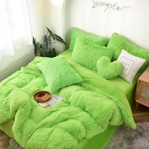BUAOGDVG Luxuriöser, zotteliger Plüsch-Bettbezug, 4-teilig, mit Reißverschluss (1 Bettbezug aus Kunstfell + 2 Kissenbezüge aus Kunstfell + 1 Bettlaken aus Samt)(Verde,150x200cm) von BUAOGDVG