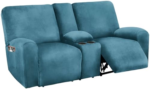 BUAOGDVG Relaxsofabezug mit Mittelkonsolen-Schonbezug, 8-teiliger Stretch-Samt-Relaxsofabezug for 2-Sitzer-Sofabezug, weiche und Dicke waschbare Möbel-Schonbezüge(Blu Pavone) von BUAOGDVG