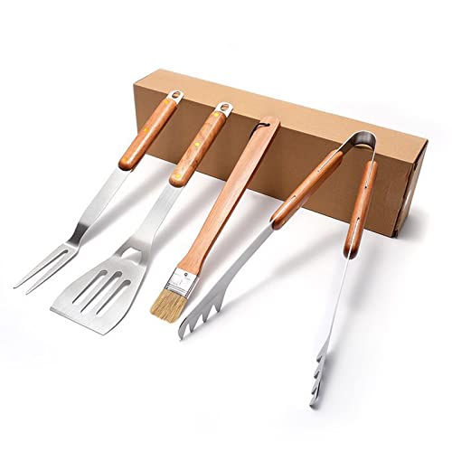 BUBEFSKD 4 Pack Holzgriff Edelstahl Grillwerkzeuge Set BBQ Spatel Fork Zunge Pinsel Küchengrill Utensilien BBQ Gabeln Zum Grillen von BUBEFSKD