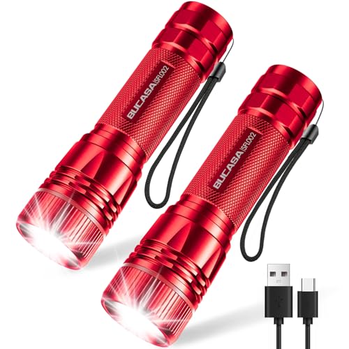 BUCASA 2 Stück Mini Taschenlampe LED Aufladbar, 2000 Lumen Extrem Hell LED Taschenlampe mit 3 Modi, Langer Laufzeit Taschenlampe Kinder, Wasserdicht Zoombar Flashlight für Camping Outdoor Notfäll Rot von BUCASA