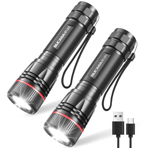 BUCASA Taschenlampe LED Aufladbar, 2 Stück Extrem Hell LED Taschenlampe mit 3 Modi, 2000 Lumen Tragbar Taschenlampe Kinder, Wasserdicht Zoombare Flashlight für Camping Outdoor Wandern Notfäll von BUCASA