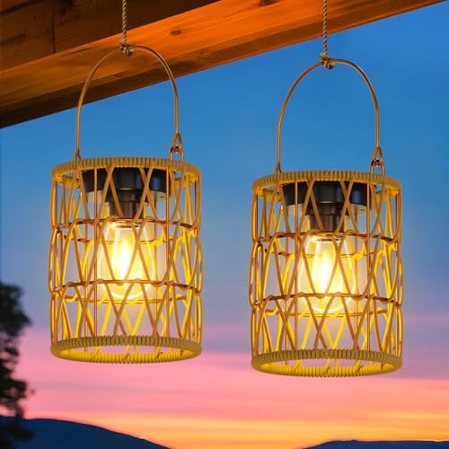 BUCASA Solarlampen für Außen Hängend, 2 Stück Solar Laternen für Draußen im Handgestrickte mit Hell LED-Glühbirne, Wasserdicht Boho Solar Lampions für Außen Tisch Balkon Garten Deko Weihnachten von BUCASA