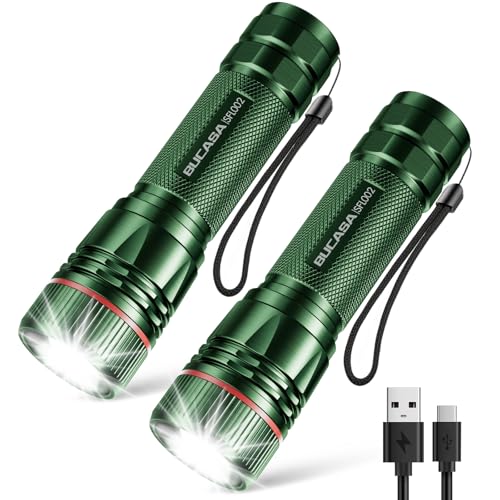 BUCASA Taschenlampe LED Aufladbar, 2000 Lumen Extrem Hell LED Taschenlampe mit 3 Modi, 2 Stück Zoombare Taschenlampe Kinder, Wasserdicht Langer Laufzeit Flashlight für Camping Notfäll (Green-Grün) von BUCASA