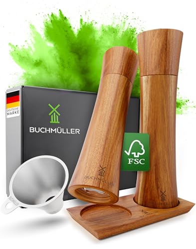 BUCHMÜLLER® Salz und Pfeffermühle Holz Groß - Hochwertiges Set Pfeffer & Salzmühle mit Trichter & Untersetzer - Gewürzmühle Holz mit Keramikmahlwerk - Idealer Küchenhelfer & Geschenkidee von BUCHMÜLLER