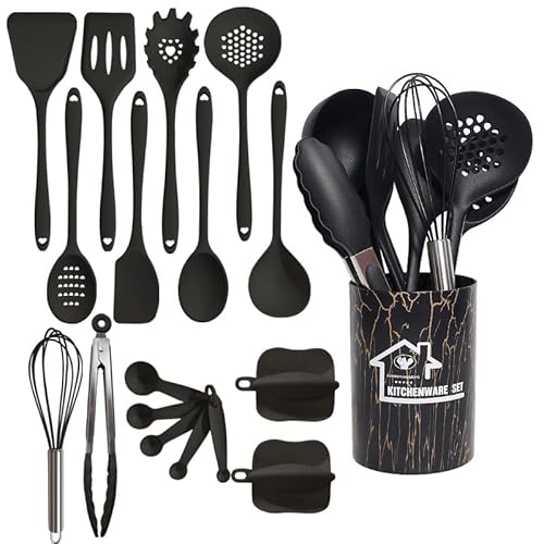18 Stück Küchenhelfer Set,Silikon Küchenhelfer Set,Kochutensilien Kochbesteck Set mit Non-stick Heat-Resistant Silicone Kitchen Utensils (Schwarz) von BUCOMTU