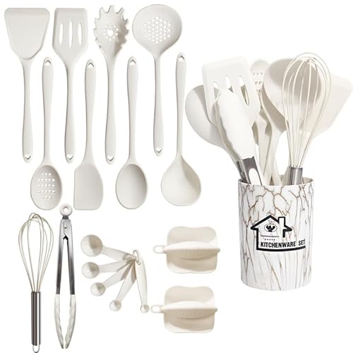 18 Stück Küchenhelfer Set,Silikon Küchenhelfer Set,Kochutensilien Kochbesteck Set mit Non-stick Heat-Resistant Silicone Kitchen Utensils (Weiß) von BUCOMTU